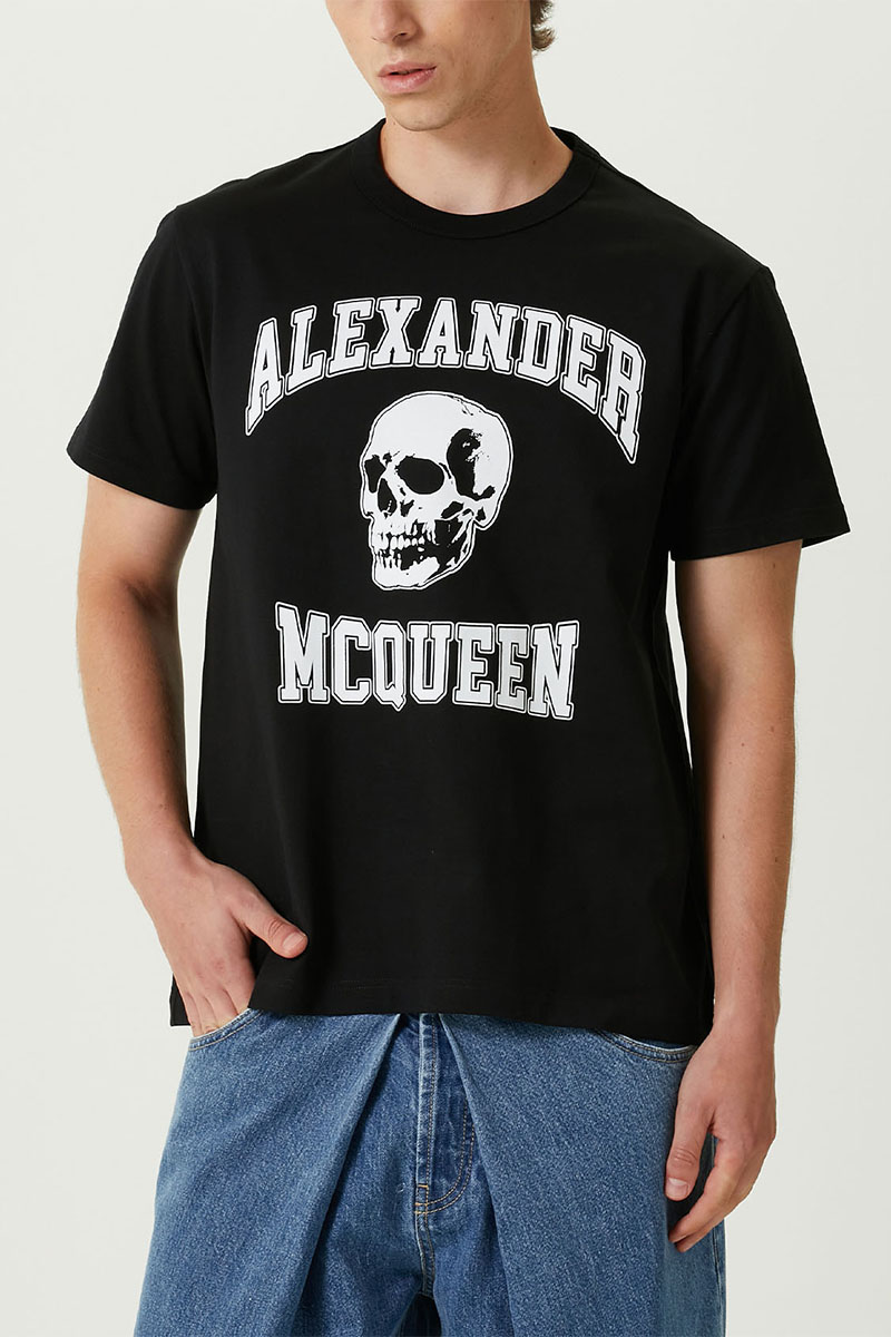Alexander McQueen Мужская чёрная футболка Skull white logo-print