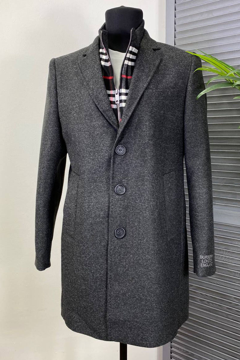 Burberry Тёмно-серое мужское пальто London England logo-embroidered
