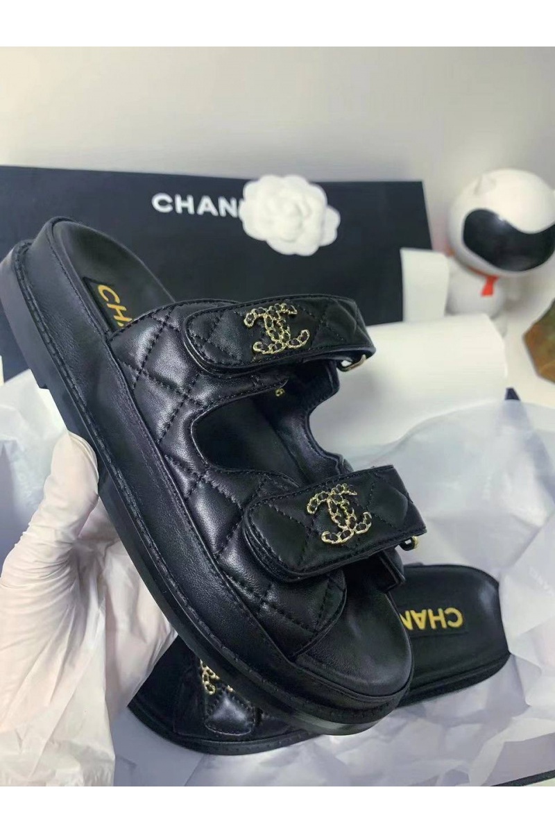 Chаnеl Женские кожаные сандалии Premium чёрного цвета