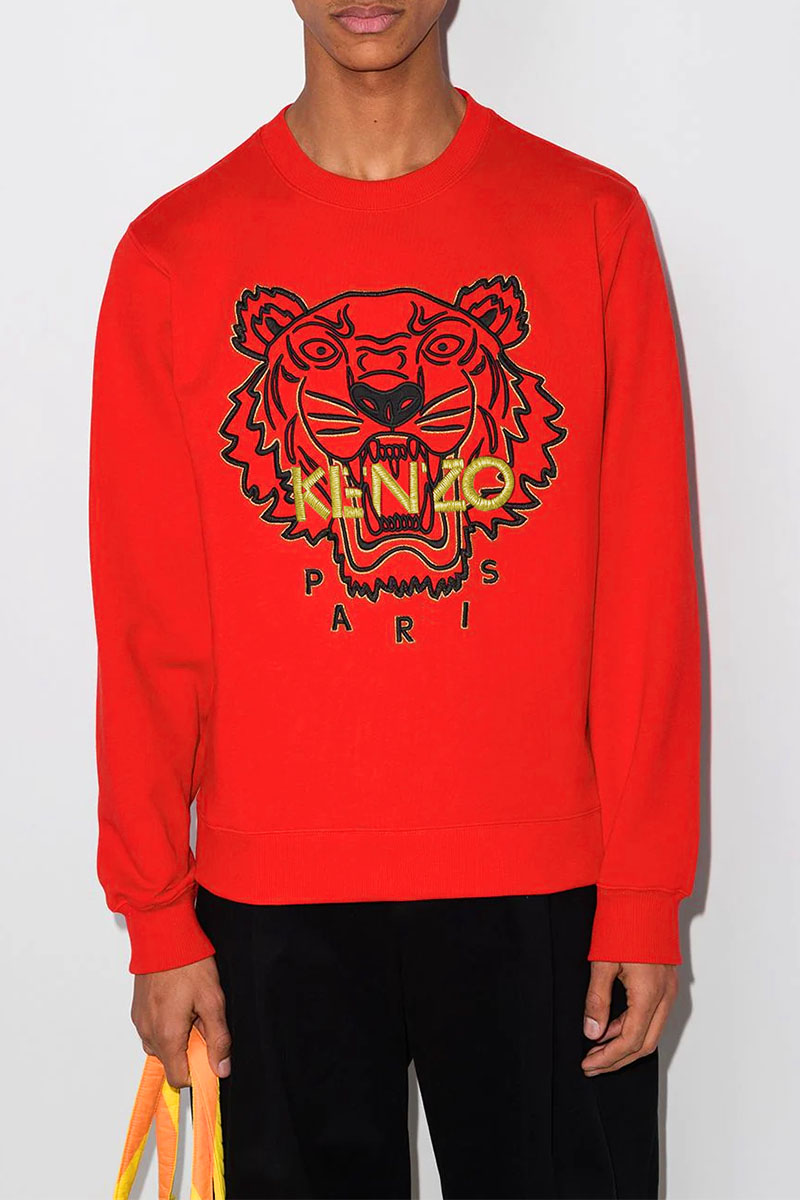 Kenzo Красный мужской свитшот Tiger Head embroidered