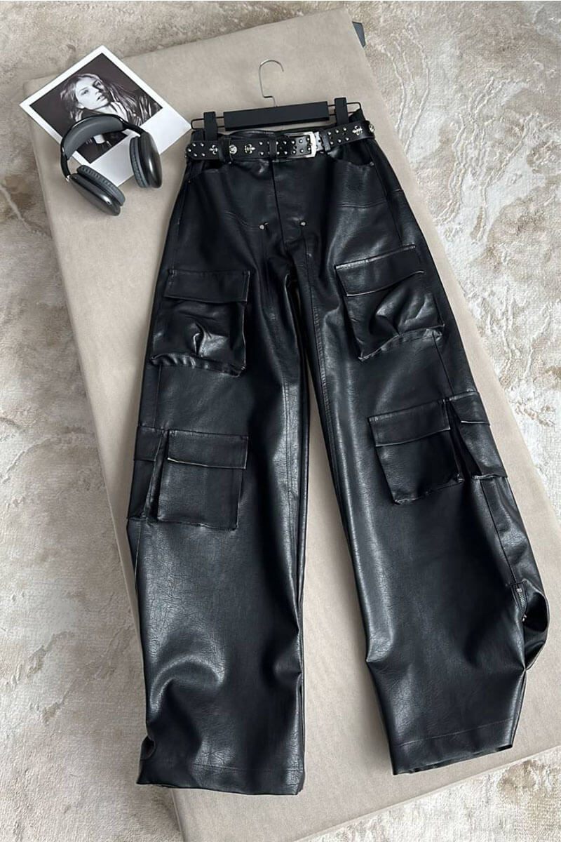 Balenciaga Женские кожаные брюки чёрного цвета 
