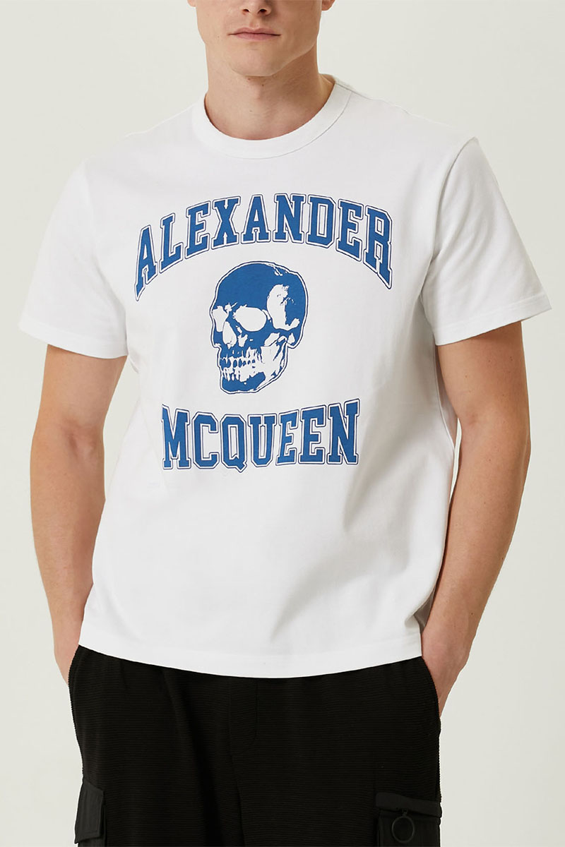 Alexander McQueen Мужская белая футболка Skull blue logo-print