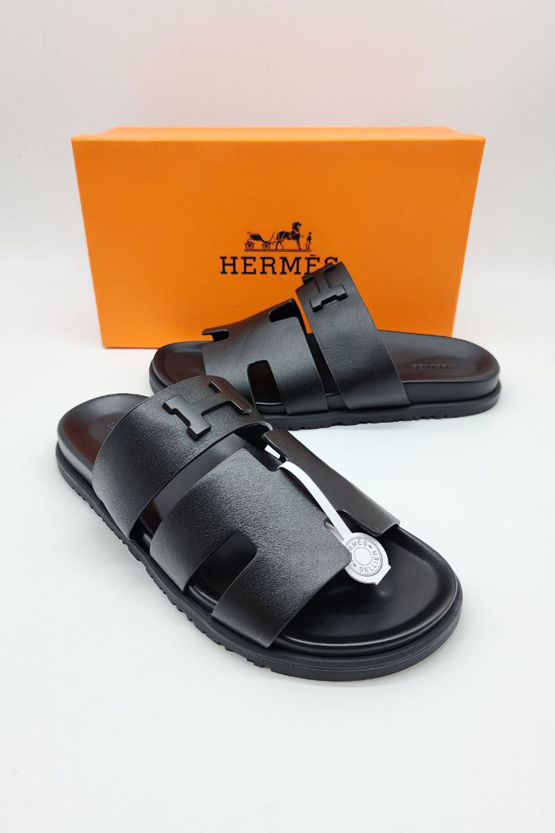 Hermes Мужские кожаные шлёпанцы Chypre - Black