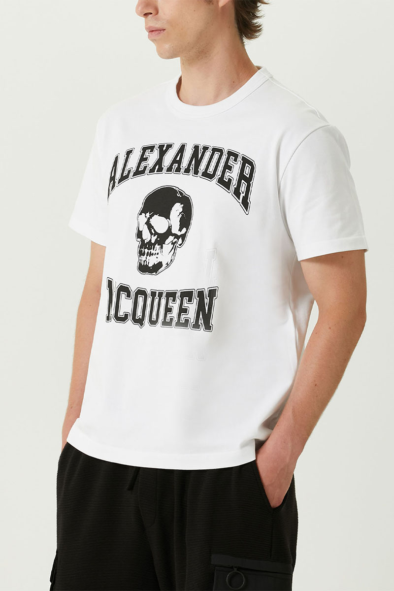 Alexander McQueen Мужская белая футболка Skull black logo-print
