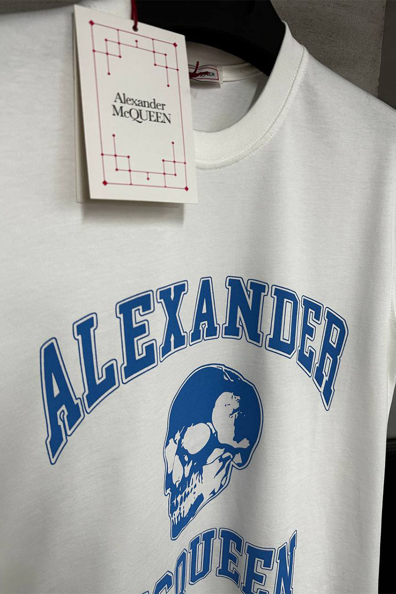 Alexander McQueen Мужская белая футболка Skull blue logo-print