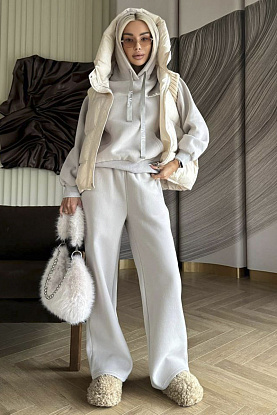 Женский костюм тройка на флисе Premium - Beige