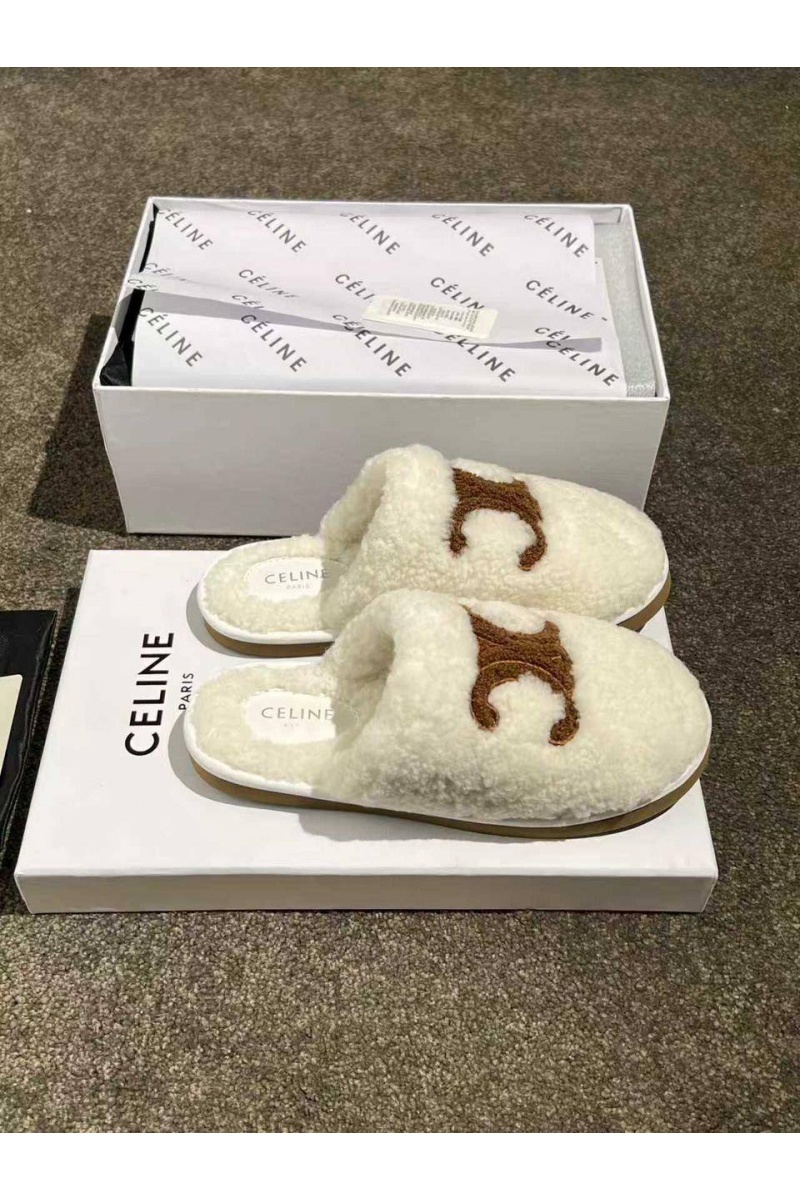 Celine Женские меховые шлёпанцы Triomphe premium