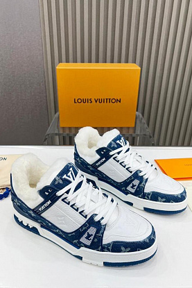 Кожаные кроссовки с мехом Trainer Monogram - White / Blue