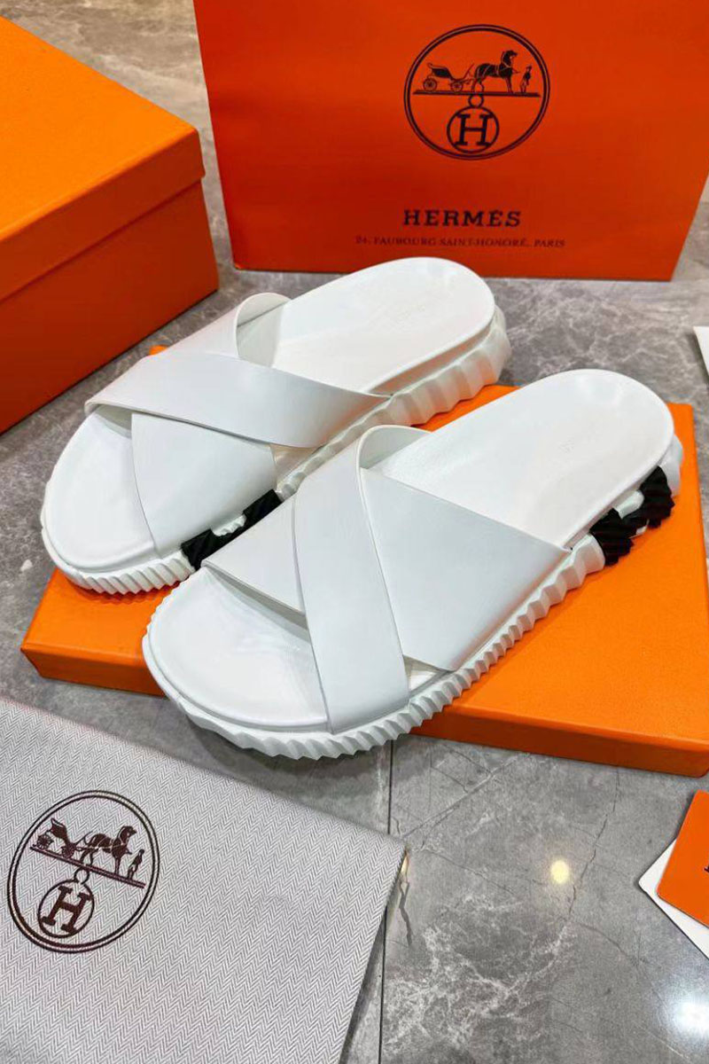 Hermes Мужские кожаные шлёпанцы Infra - White