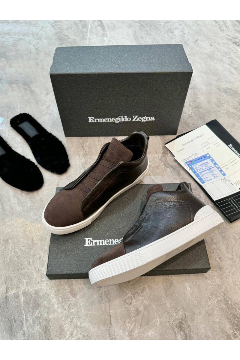Zegna Кроссовки с мехом Triple Stitch - Brown