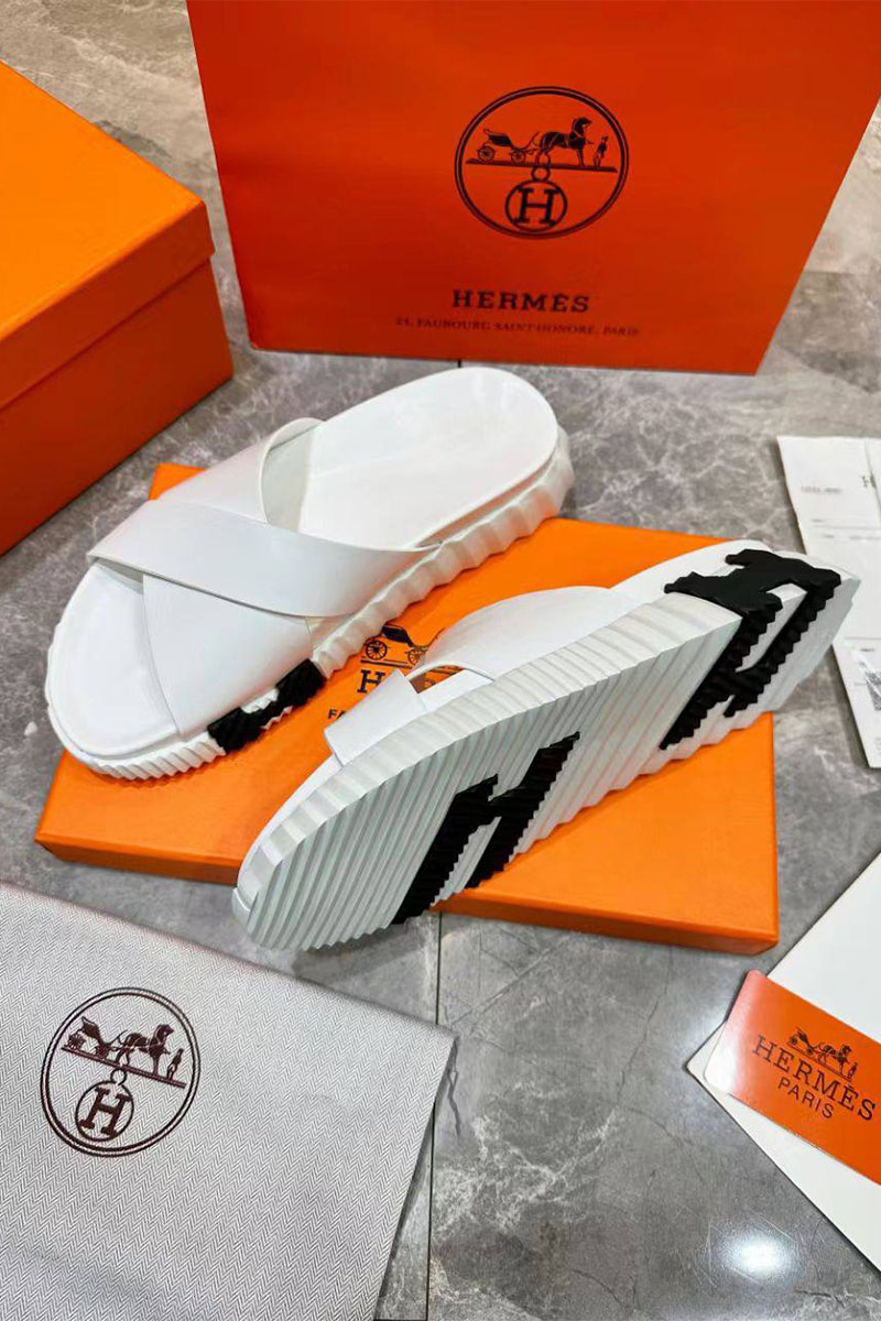Hermes Мужские кожаные шлёпанцы Infra - White