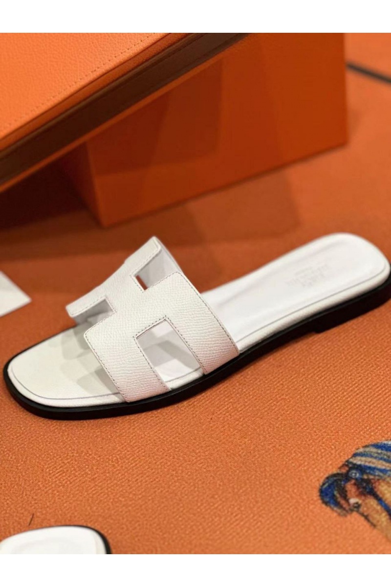 Hermes Женские кожаные шлёпанцы Premium - White