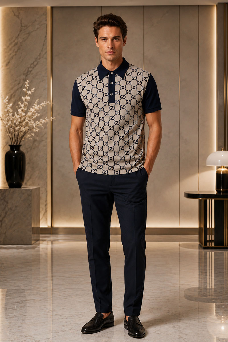 Gucci Мужское поло GG monogram all-over - Navy / Beige