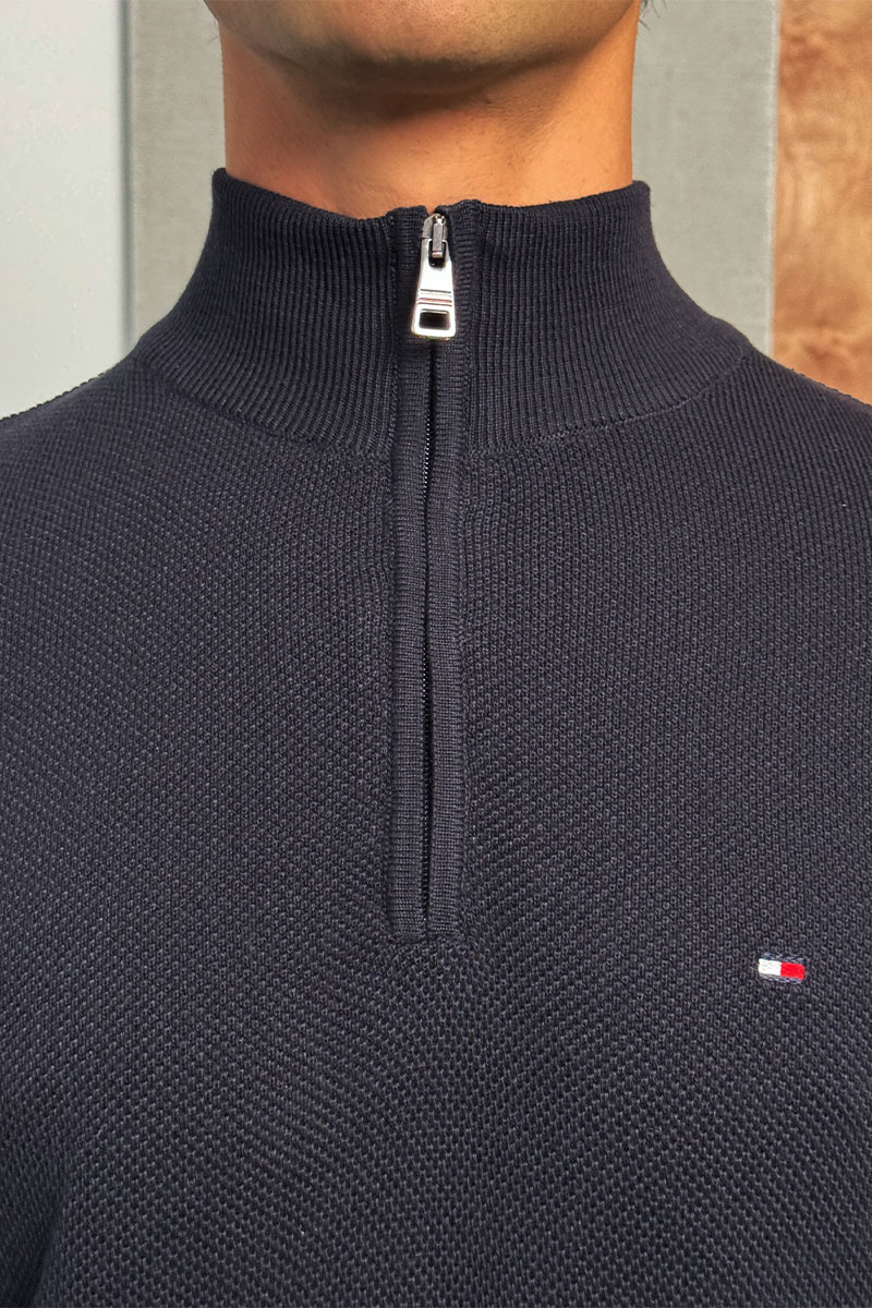 Tommy Hilfiger Тёмно-синий джемпер Zip Neck logo-embroidered
