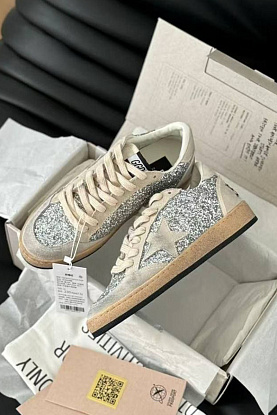 Женские кожаные кроссовки Golden Goose Ball Star Premium - Grey Sequin