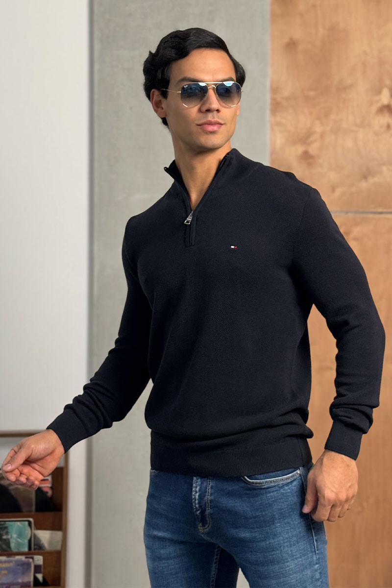 Tommy Hilfiger Тёмно-синий джемпер Zip Neck logo-embroidered