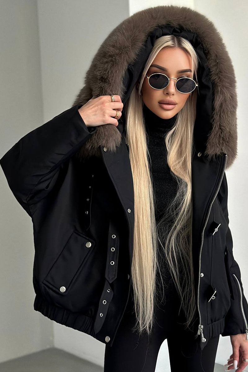 Designer Clothing Женский чёрный пуховик с мехом