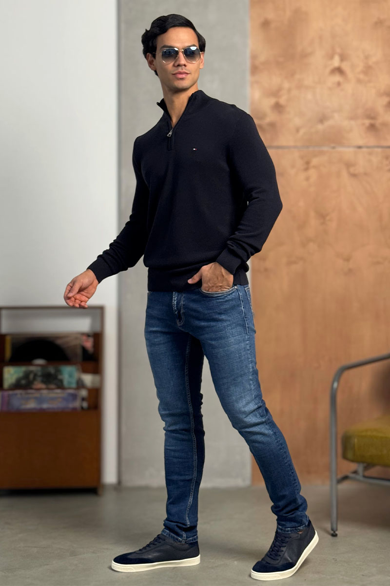 Tommy Hilfiger Тёмно-синий джемпер Zip Neck logo-embroidered