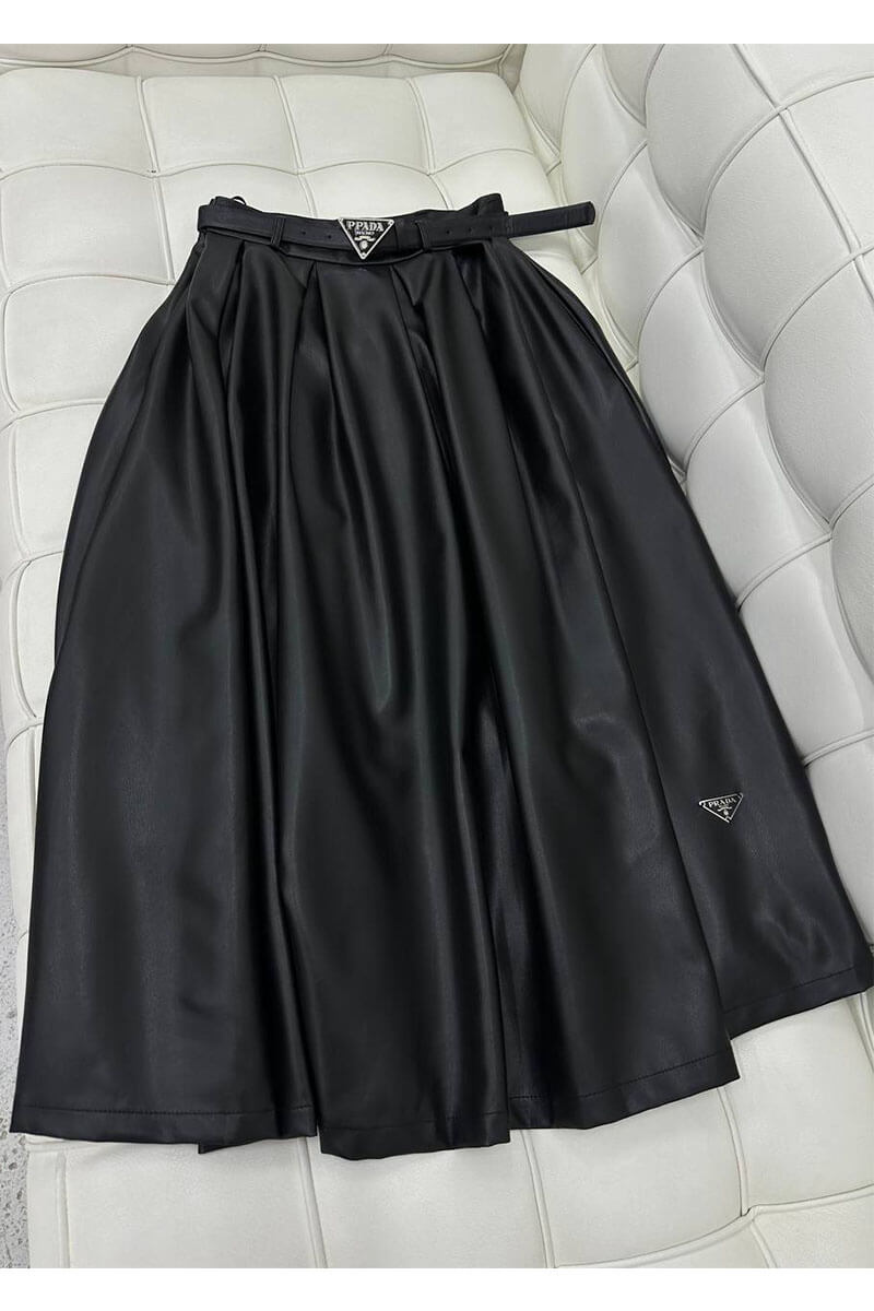 Prada Длинная женская кожаная юбка чёрного цвета 