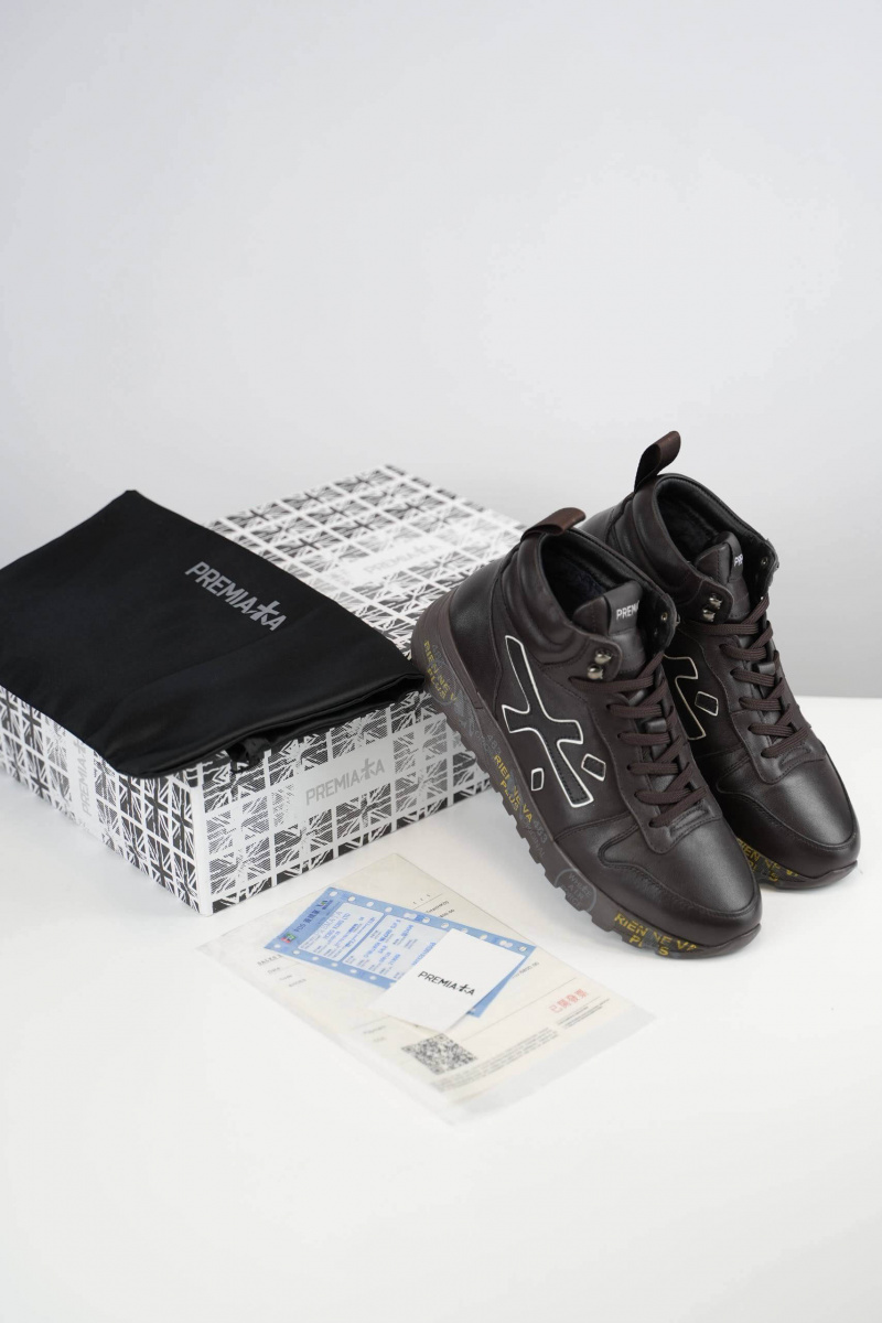 Premiata Кожаные кроссовки с мехом high-top - Brown