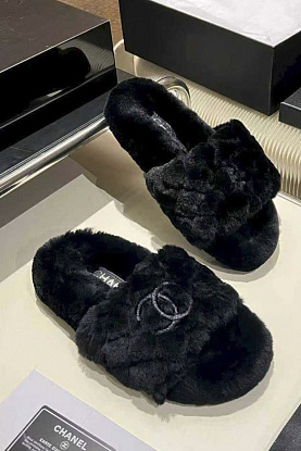 Женские меховые шлёпанцы Oran premium - Black