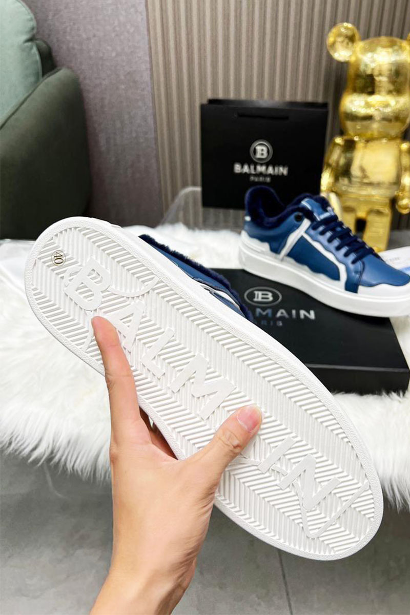 Balmain Кожаные кроссовки с мехом low-top - Blue / White