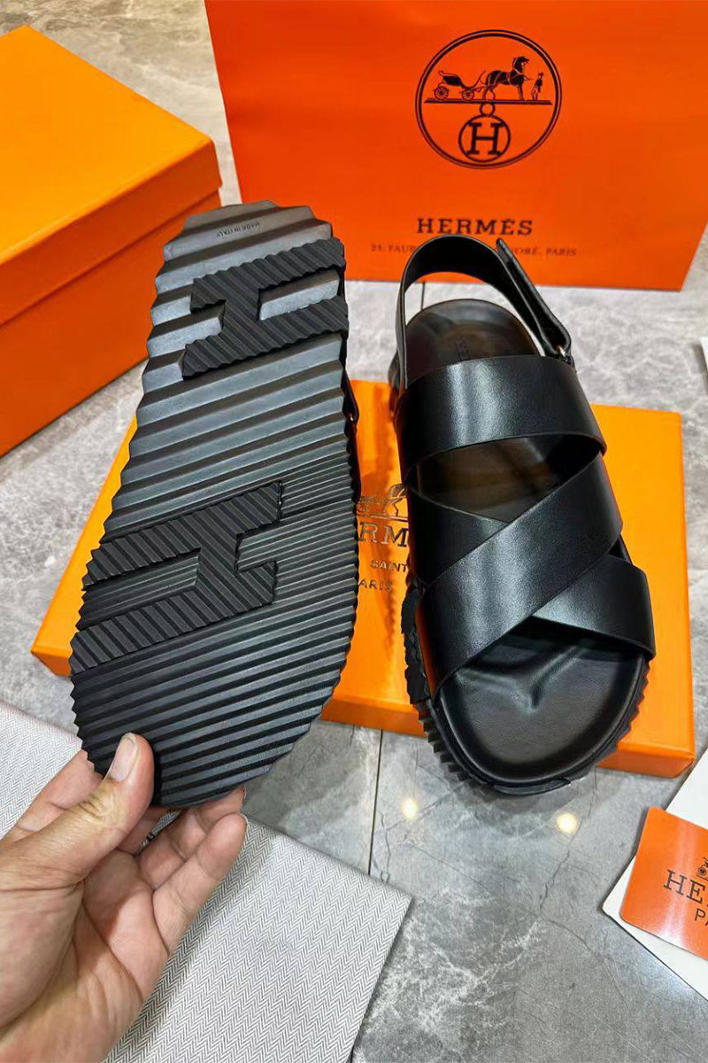 Hermes Мужские кожаные сандалии Electric - Black