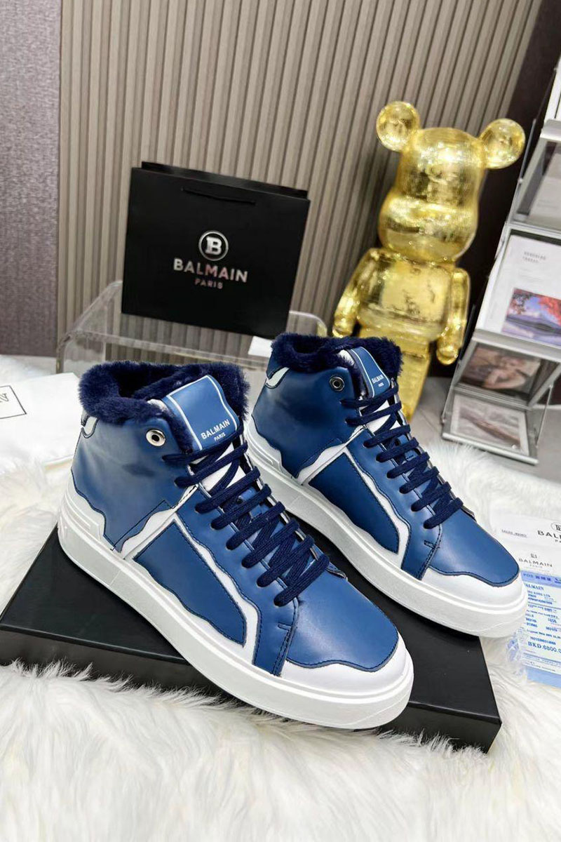 Balmain Кожаные кроссовки с мехом high-top - Blue / White