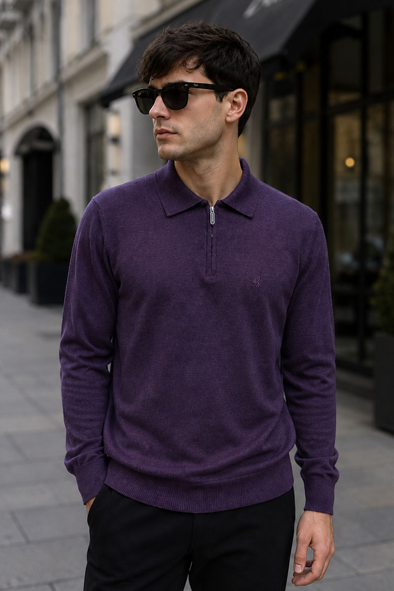 Brioni Поло с длинным рукавом zip-neck - Purple 