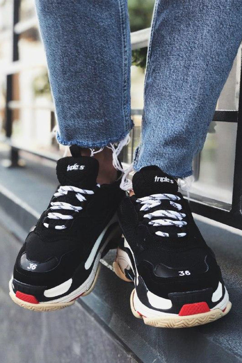 Balenciaga Triple s Black Red on feet