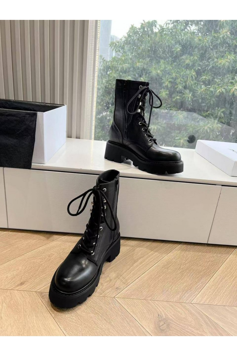 Celine Женские кожаные ботинки с мехом premium - Black