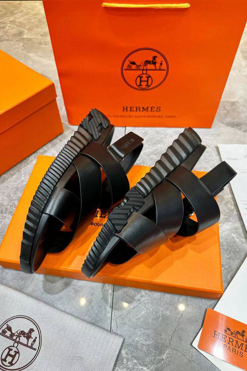 Hermes Мужские кожаные сандалии Electric - Black