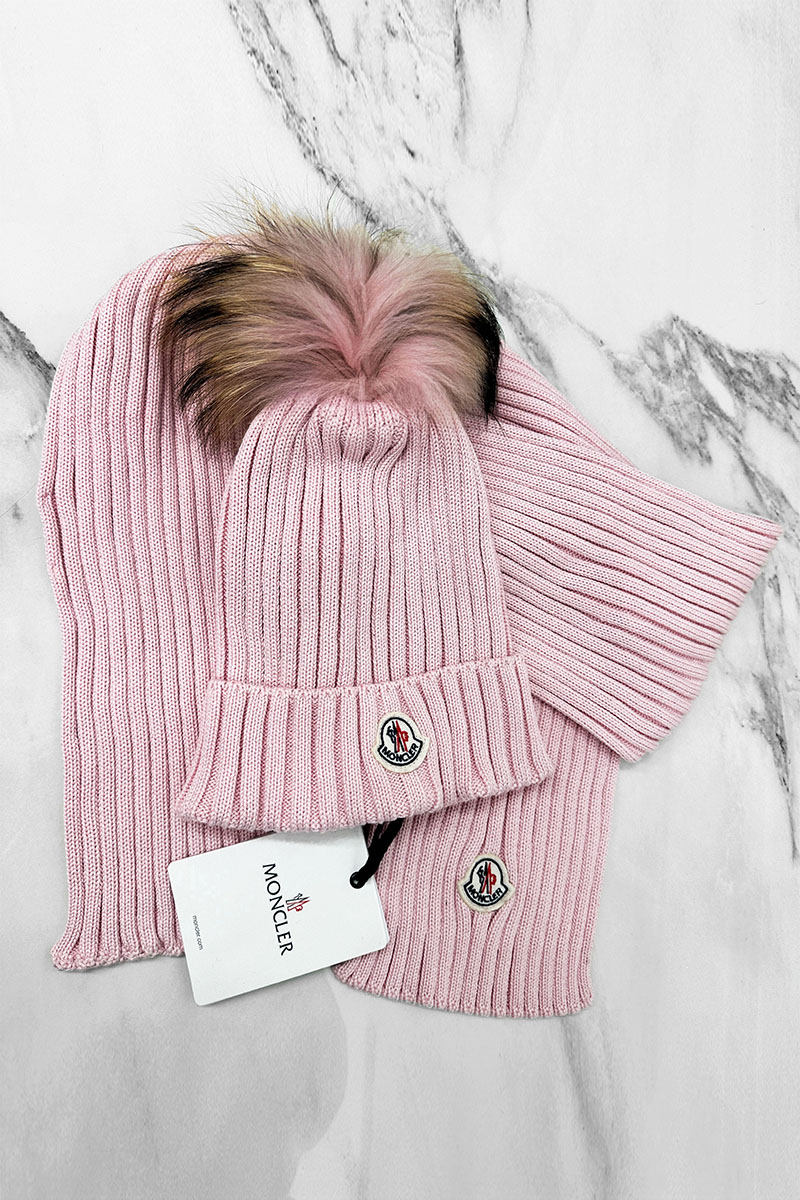 Moncler Комплект из шапки и шарфа розового цвета logo-patch