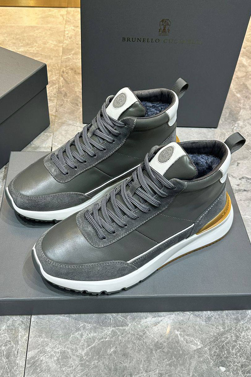 Designer Кожаные кроссовки с мехом high-top - Grey