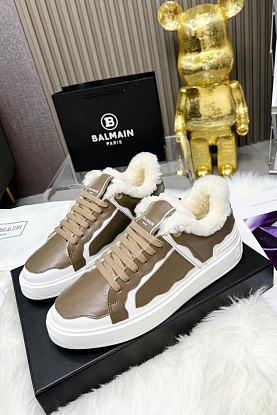 Кожаные кроссовки с мехом low-top - Beige / White