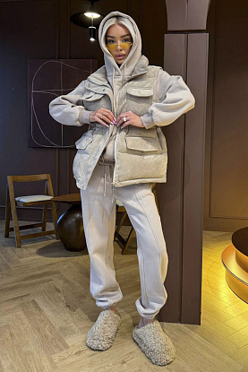 Женский костюм тройка на флисе premium - Beige