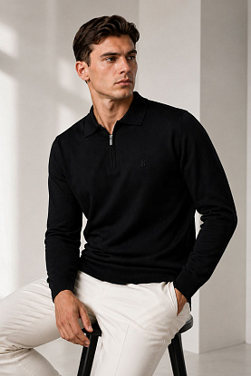 Поло с длинным рукавом zip-neck - Black
