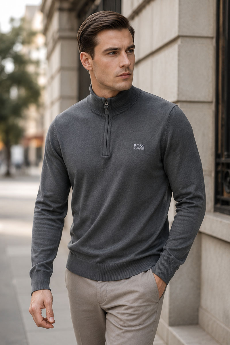 Hugо Воss Серый джемпер Zip Neck logo-embroidered