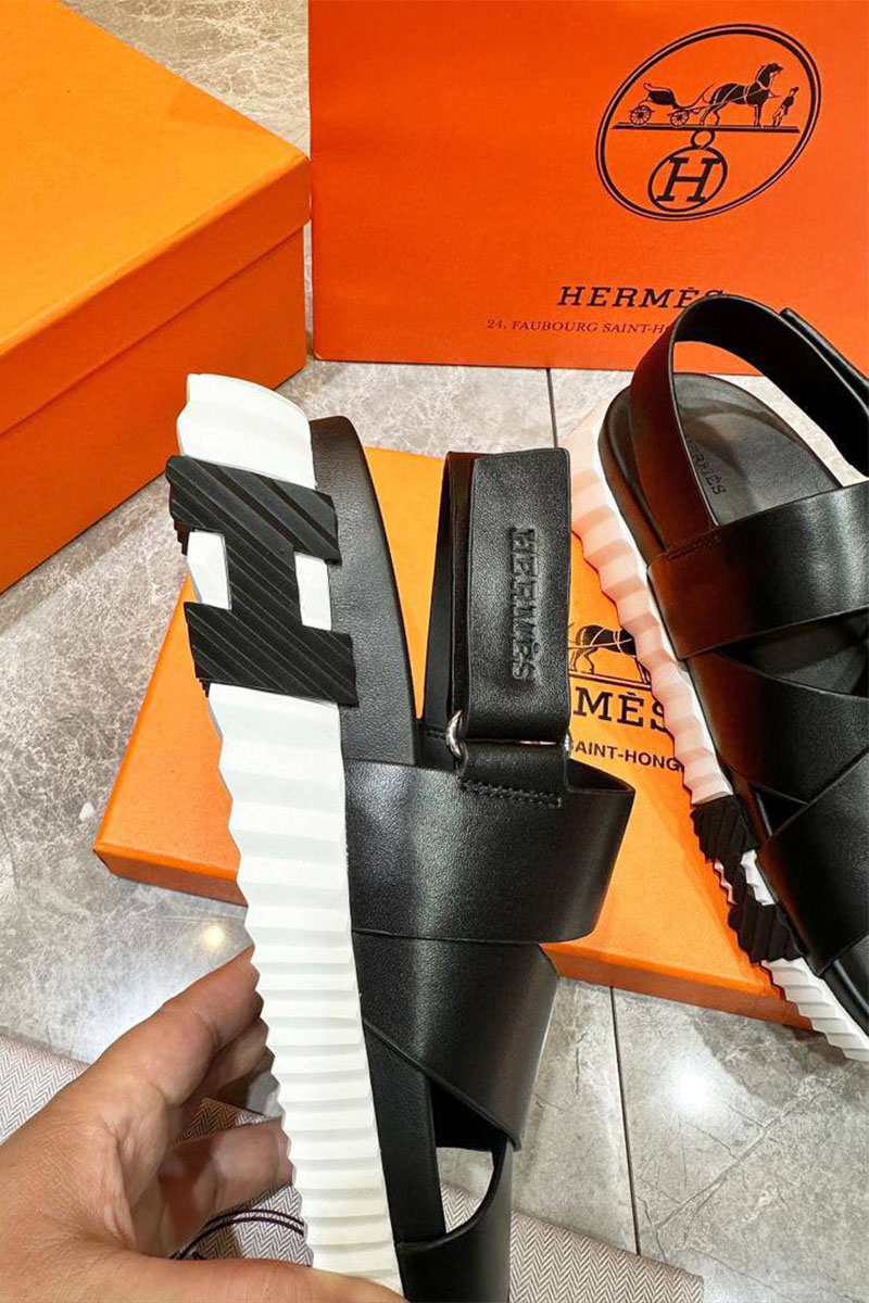 Hermes Мужские кожаные сандалии Electric - Black / White