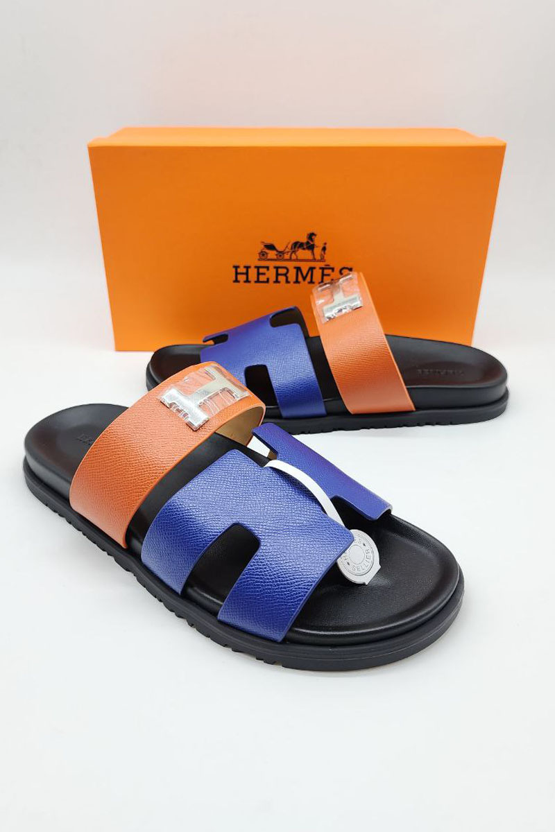 Hermes Мужские кожаные шлёпанцы Chypre - Orange / Blue