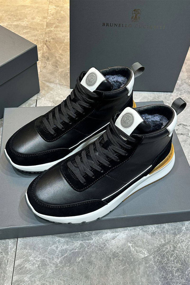 Designer Кожаные кроссовки с мехом high-top - Black