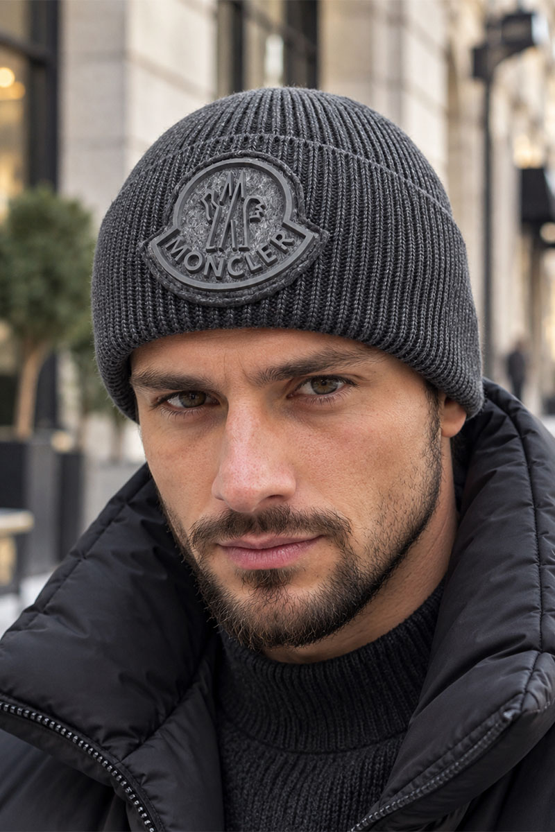 Moncler Мужская шапка серого цвета logo-patch
