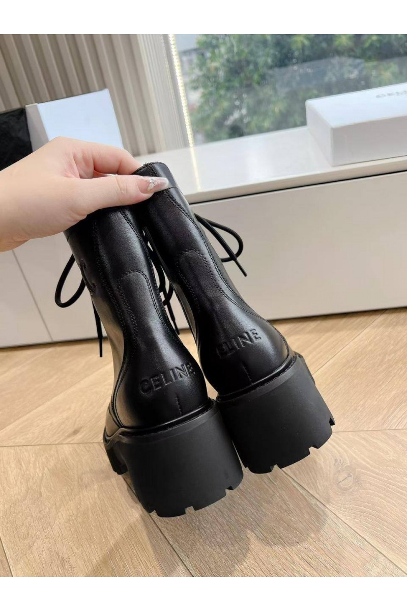 Celine Женские кожаные ботинки с мехом premium - Black
