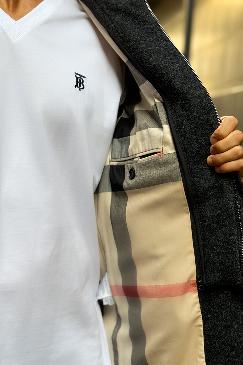 Burberry Тёмно-серое мужское пальто London England logo-embroidered