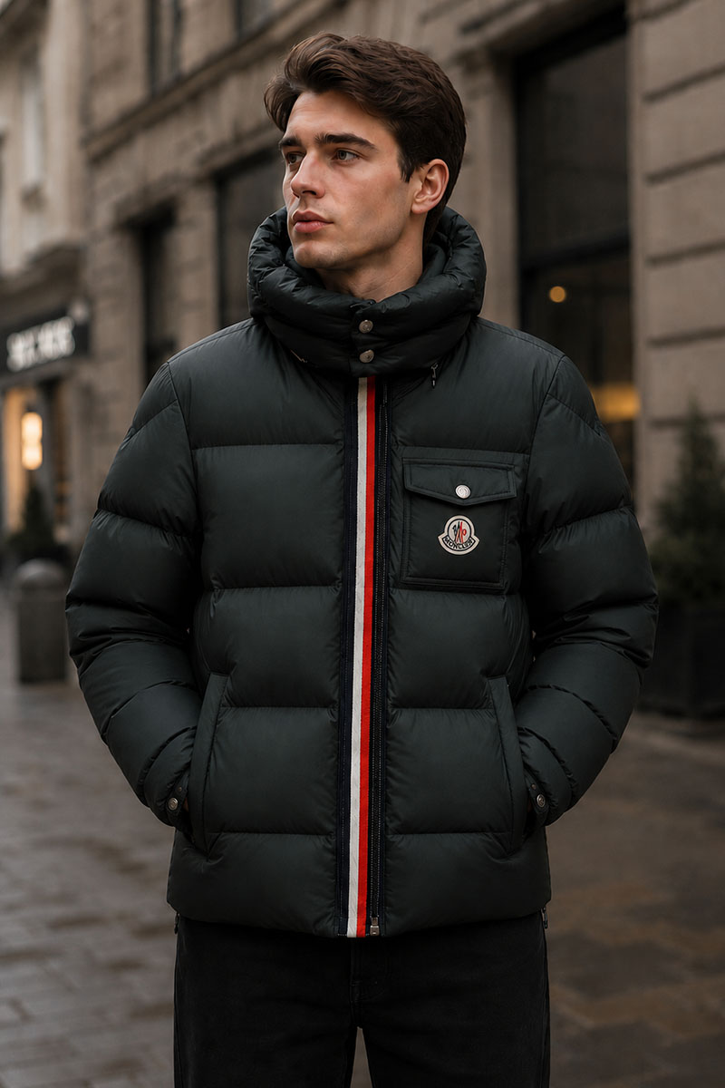 Moncler Мужской пуховик тёмно-зелёного цвета