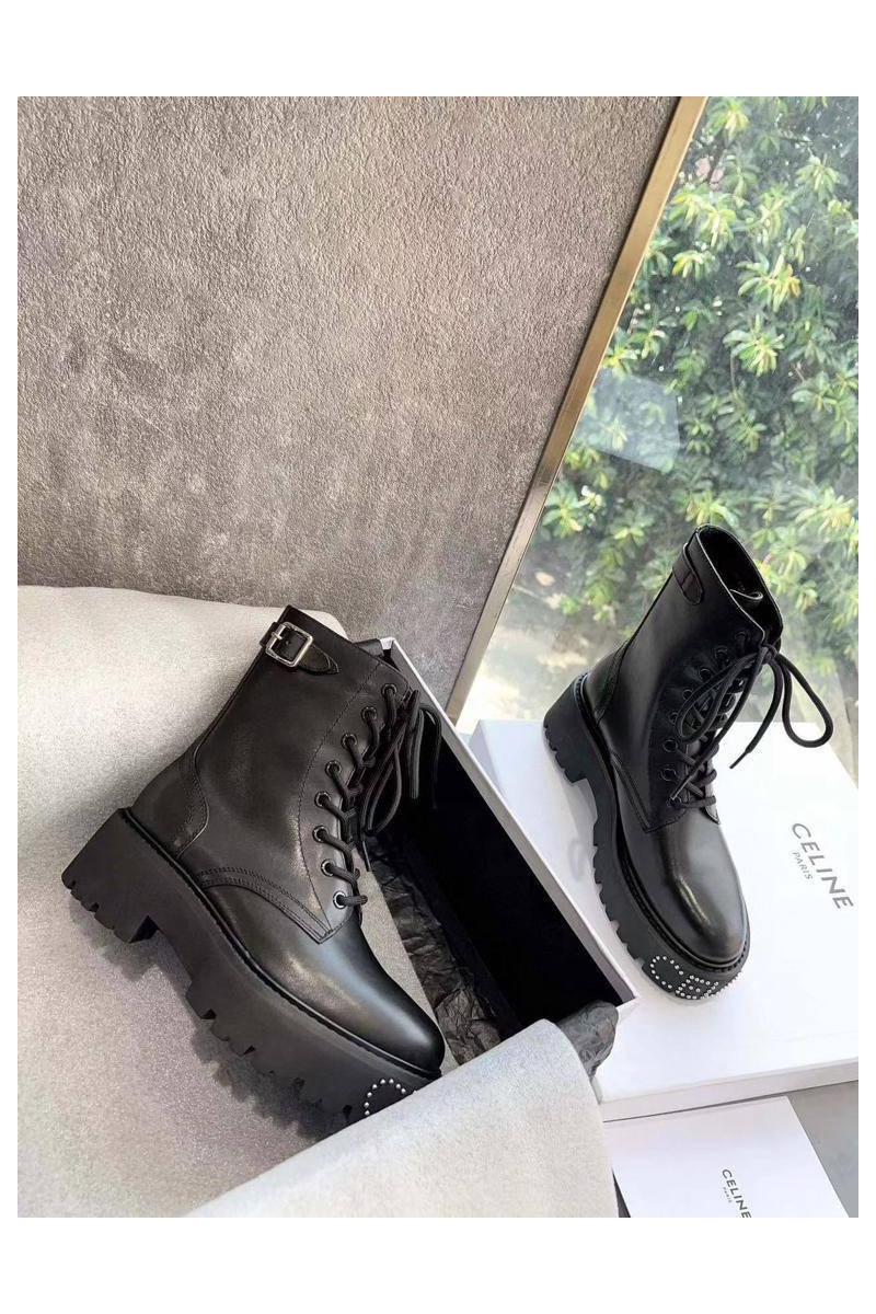 Celine Женские кожаные ботинки с мехом premium - Black