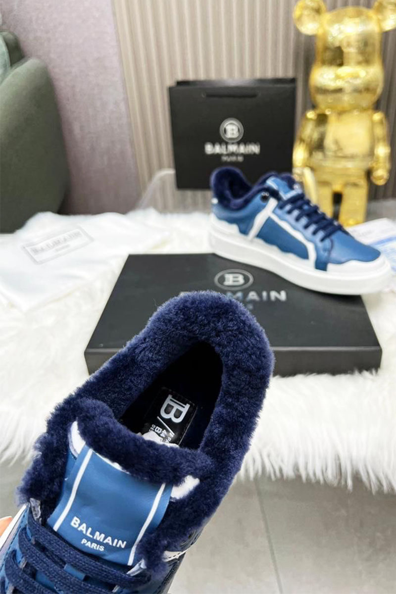 Balmain Кожаные кроссовки с мехом low-top - Blue / White