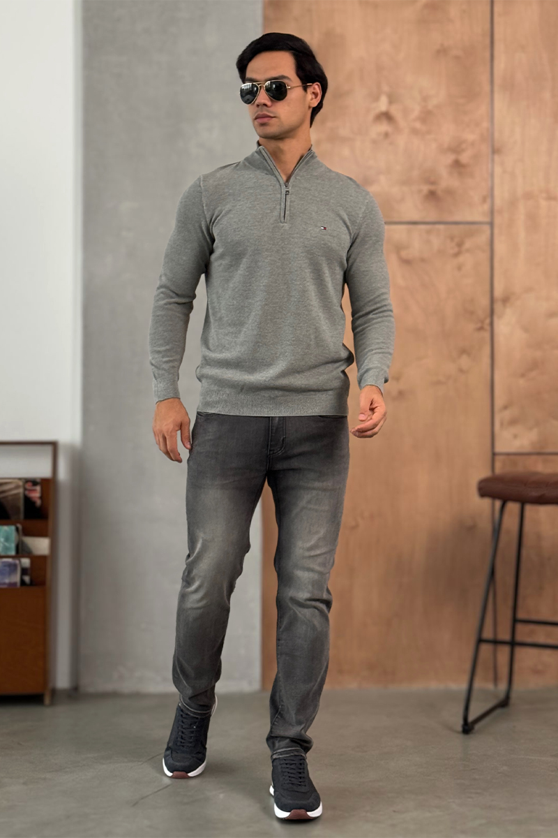 Tommy Hilfiger Серый джемпер Zip Neck logo-embroidered