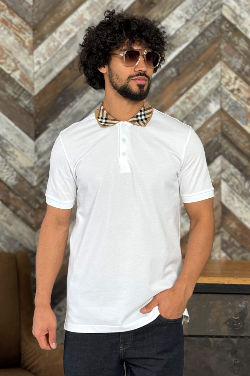 Burberry Мужское белое поло check collar