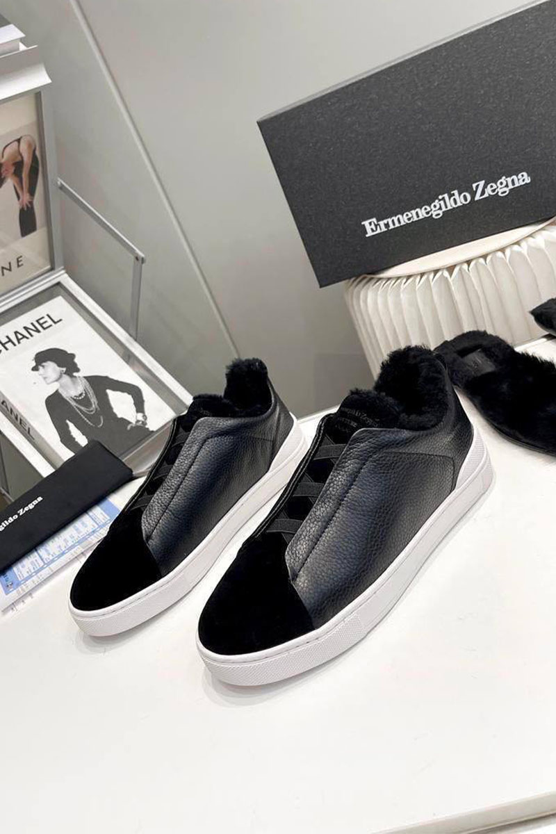 Zegna Кроссовки с мехом Triple Stitch - Black